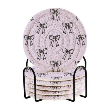 Imagem de SEHANY Conjunto de 6 porta-copos de laço roxo fofo com suporte, porta-copos redondos absorventes de algodão resistente ao calor para mesa de jantar, canecas de café, 10 cm