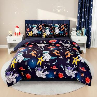 Imagem de Conjunto de edredom casal para meninos – cama de dinossauro astronauta, cama espacial de 6 peças em uma bolsa com lençóis, tema de galáxia para decoração de quarto de crianças, presente lavável na