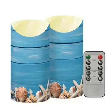 Imagem de Wassud Velas azuis de madeira com estrelas do mar sem chama com controle remoto, velas realistas cintilantes com temporizador, velas decorativas para Natal, casamento, festa, decoração de casa média