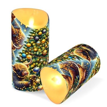 Imagem de ATTX Pacote com 2 velas Highland Cow Christmas Flameless – 7,6 cm x 9,9 cm de LED com controle remoto e temporizador para casa, casamento, decoração de acampamento #415