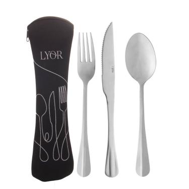 Imagem de Conjunto 3 Talheres Viagem Marmita Com Estojo Portátil Garfo Faca E Colher Em Aço Inox Lyor