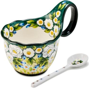 Imagem de Cteaffee Copo de sopa de cerâmica e tigela de sopa com alças - 510 g com colher, tigela de porcelana grande decorativa pintada à mão, para sopa, sorvete, ensopado, micro-ondas e lava-louças (jasmim