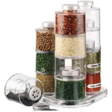 Imagem de Porta Temperos Acrílico Empilhável 12 Peças com Adesivos – Spice Tower Transparente | Organizador de Temperos Cozinha Compacto e Moderno