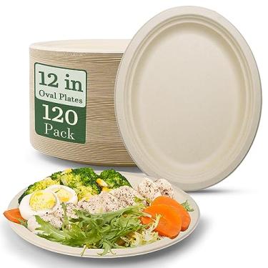 Imagem de Pacote com 120 pratos ovais descartáveis compostáveis, pratos de papel resistentes a granel, 30 cm, pratos de jantar ecológicos biodegradáveis de fibra de cana de açúcar para churrasco, festa, reunião