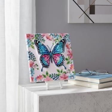 Imagem de Cymbana Kits de arte de diamante de borboleta rosa 3D para crianças com cavaletes de plástico faça você mesmo, pintura de borboleta transparente dobrável com moldura de madeira, arte e artesanato