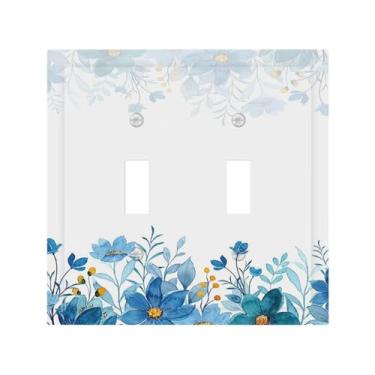 Imagem de Capas decorativas de placa de interruptor azul flores aquarela 2 gangues interruptor duplo interruptor de luz placa de tomada tampa de interruptor de luz capa de interruptor de luz para quarto