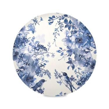 Imagem de Qilmy Jogo americano redondo de flores azuis e pássaros, conjunto de 6, tapetes de mesa de jantar laváveis antiderrapantes e resistentes ao calor, tapete decorativo para cozinha, casa, festa de férias