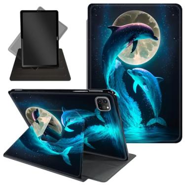 Imagem de Capa para iPad Pro de 12,9 polegadas, 6ª/5ª/4ª geração (2022/2021/2020), suporte protetor giratório de 360 graus com despertar/hibernar automaticamente, golfinhos fofos e lua