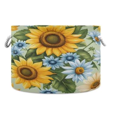 Imagem de JUZIHAI Lindo cesto de armazenamento grande de girassol, cesto de roupa suja dobrável à prova d'água com alças de corda de algodão para organização doméstica no quarto, banheiro e carro