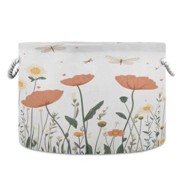 Imagem de JUZIHAI Cesta de armazenamento dobrável com estampa de flores silvestres, cesto de roupa suja para bebê, cobertor com alças de corda de algodão, caixa organizadora de armário dobrável para quarto