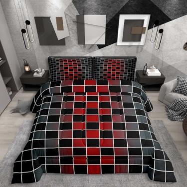 Imagem de Erosebridal Conjunto de edredom solteiro, preto, vermelho, ombré, buffalo, xadrez, quadriculado, para crianças, meninos e adolescentes, edredom