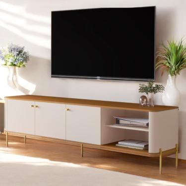 Imagem de Rack Para Sala Tv Até 70 Polegadas Moderno 3 Portas - Off White Nature Dourado