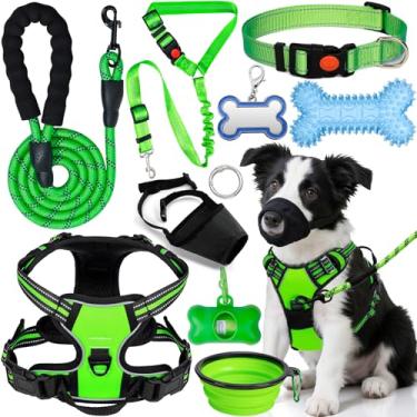 Imagem de YXFDOYT Conjunto de coleira e coleira ajustável sem puxões para cães – Arneses de frente única dobráveis e dispensador de saco de cocô com etiquetas de identificação de focinheira para cães pequenos