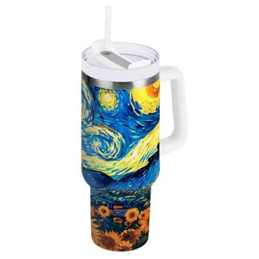 Imagem de Copo grande de girassóis estrelado noturno isolado com tampa e canudo, copo isolado de aço inoxidável