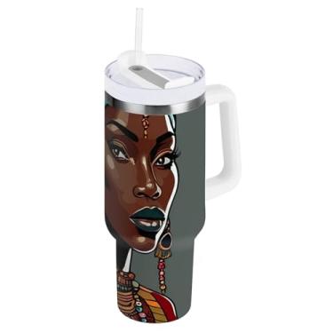 Imagem de ODAWA Copo de viagem grande isolado com alça e tampa de palha, turbante africano feminino copo com isolamento de parede dupla