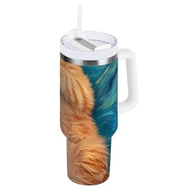 Imagem de Copo grande laranja azul de aço inoxidável isolado com canudo e alça copos isolados para viagem