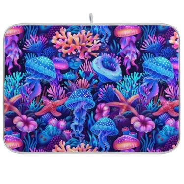 Imagem de Tapetes de microfibra para secagem de louça, roxo azul coral, água-viva, reversível, café, escorredor de pratos, tapete de cozinha, 40,6 x 45,7 cm