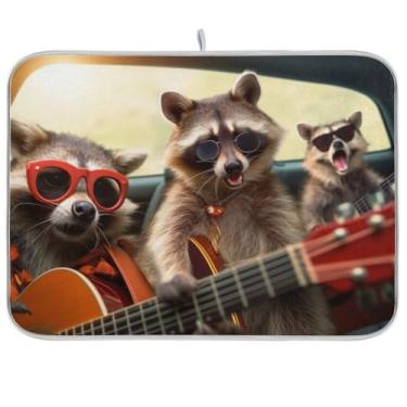 Imagem de Tapetes de secagem de pratos de guitarra Raccoons, tapete de café de secagem rápida, 45 x 61 cm, reversível para decoração de bancada de cozinha