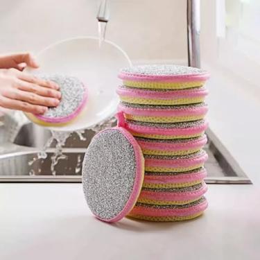 Imagem de Conjunto de 6 peças de esponjas de lavar louça de dupla face: almofadas redondas sem arranhões ideais para limpar pratos, panelas, pia e bacia na cozinha (rosa)