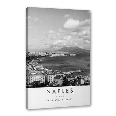 Imagem de Pôster de viagem preto e branco impressão paisagem da cidade do mundo pintura em tela Nápoles arte de parede decoração de casa (16 x 24 polegadas (40 x 60 cm), emoldurado)