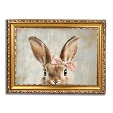 Imagem de Arte de parede em tela de coelho da Páscoa emoldurada em ouro rústico casa de fazenda bonito arco rosa pintura de coelho imagem decoração de parede pôster impresso arte para quarto de bebê, sala de