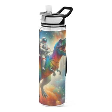 Imagem de ODAWA Garrafa de água Tritan de 946 ml com canudo e alça Astronauta T Rex Rainbow Nebula Design transparente à prova de vazamento