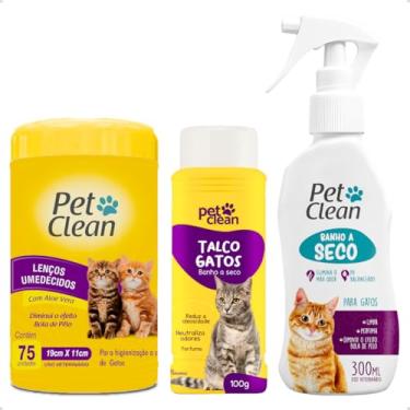 Imagem de Pet Clean Kit Completo para Gatos Banho a Seco 300ml Talco 100g Lenços Umedecidos 75 Unidades Neutraliza Odores e Reduz Oleosidade