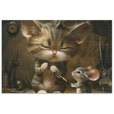 Imagem de Engraçado Gato Mouse Corte de Cabelo Bonito Quebra-Cabeça 500 Peças Adultos Pintura Fine Art Puzzles Coloridos Quebra-cabeça Engraçado Jogo Presentes