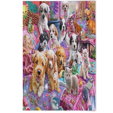 Imagem de Quebra-cabeças para adultos 500 peças coloridas fofas filhotes cachorros presentes de festa elefante branco quebra-cabeças grandes legais arte de flores de animais fofos, 500 peças, 52 cm x 37,8 cm