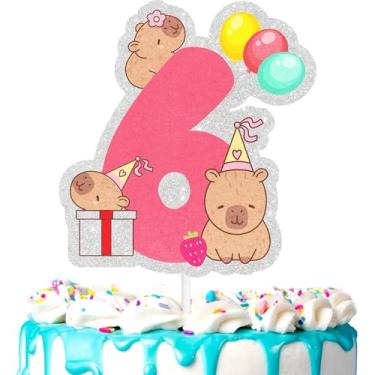 Imagem de Lindo enfeite de bolo capivara infantil 6º animal selvagem temático feliz zoológico, festa de aniversário amante de capivara para meninos e meninas, festa animal, suprimentos de decoração de