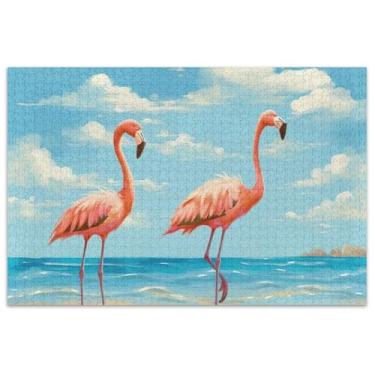 Imagem de Quebra-cabeça de praia flamingos rosa para adultos 1000 peças arte engraçada decoração de arte