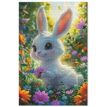 Imagem de Quebra-cabeça floral fofo coelho branco para adultos 1000 peças brinquedo engraçado jogo de arte difícil quebra-cabeça engraçado