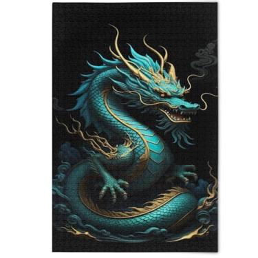 Imagem de Quebra-cabeça de dragão chinês azul preto legal adulto 500 peças, presentes de elefante branco cenas engraçadas, quebra-cabeças coloridos animais fofos, arte floral, 500 peças, 52 x 37,8 cm