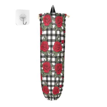 Imagem de Rosas vermelhas no tabuleiro de damas preto e branco 2 unidades de suportes de saco plástico, suporte de saco de plástico para montagem na parede, suporte de saco plástico para cozinha