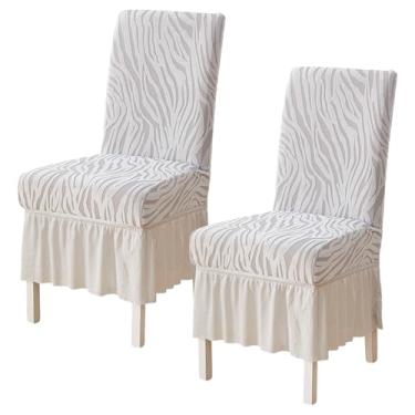 Imagem de Pacote com 2 capas de cadeira elásticas para sala de jantar, tecido jacquard listrado, capa protetora removível e lavável com saia de babados para cozinha, banquete, decoração de casamento, prata