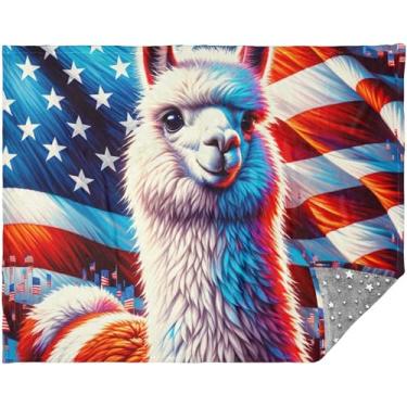 Imagem de TSENQUE Manta personalizada de lhama com bandeira americana para sofá, sofá, cobertor para mulheres, presente cinza, cobertor quente 177,8 cm x 139,7 cm