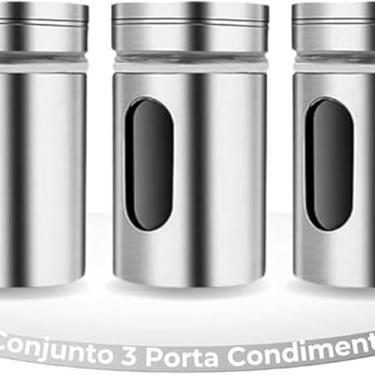 Imagem de Conjunto de Potes para Temperos em Metal Inox 3 Peças 8cm x 4,5cm com Visor e Tampa Ajustável para Condimentos Inoxidável com Visor