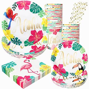 Imagem de Conjunto de pratos e guardanapos havaianos, pacote com 24 pratos de papel luau tropicais descartáveis com guardanapos de flamingo, pratos de sobremesa, copos e canudos, artigos de mesa temáticos de verão na praia para festa na piscina