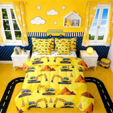 Imagem de Erosebridal Conjunto de cama solteiro de construção para meninos, 7 peças, escavadeira, para decoração de quarto de crianças, homens, meninos, veículos amarelos, conjunto de cama leve
