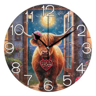 Imagem de Relógio de parede analógico decorativo operado por bateria relógio de cozinha rústico, moderno decoração de parede de sala de estar bonito highland vaca lua noite, 25 cm, ponteiros pretos