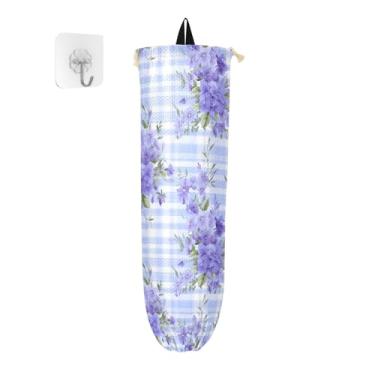 Imagem de Flores azuis e folhas verdes em suportes de saco plástico xadrez azul, organizador de armazenamento de cozinha, suporte de sacola de supermercado para sacolas plásticas