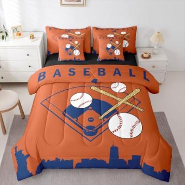 Imagem de Erosebridal Conjunto de edredom solteiro esportivo de beisebol, 7 peças, para crianças, meninos, adolescentes, construção de cidade, cama em uma bolsa, softball, laranja, para quarto de jovens e