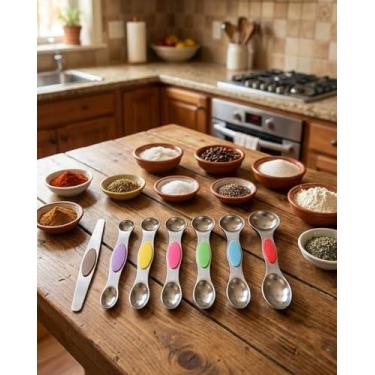 Imagem de Colheres de medição magnéticas, metal de aço inoxidável resistente, cabe na maioria dos potes de especiarias de cozinha para assar e cozinhar, sem BPA, conjunto de 7, multicolorido DJA272-02