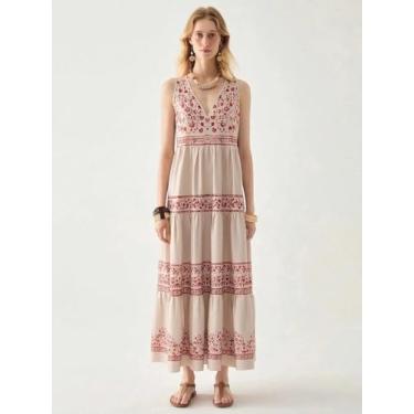 Imagem de Vestido maxi feminino bege e vermelho em camadas - vestido boho com estampa floral sem mangas, Bege, X-Large