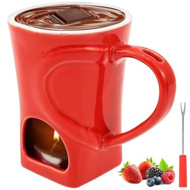 Imagem de Caneca de fondue de chocolate de cerâmica com garfo, copo de derretimento de 150 ml, velas de chá para queijo, sobremesas, manteiga de caramelo, pote aquecedor de doces, seguro para micro-ondas