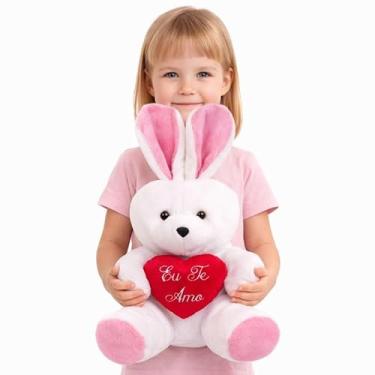 Imagem de Coelho Grande de Pelúcia 48cm com Coração "Eu Te Amo" Presente Infantil Páscoa (Rosa)