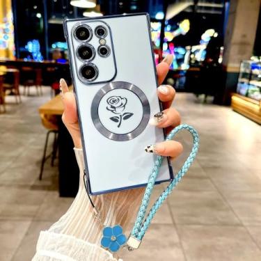 Imagem de Capa de TPU macio com revestimento rosa para Samsung Galaxy S25 S24 S23 S22 S21 Ultra Plus S24 23 Charge Covers com cordão e pulseira, pico azul, para S23 Plus