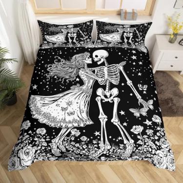 Imagem de Manfei Capa de edredom de caveira de açúcar tamanho king, conjunto de cama macio para casal fantasma de Halloween, flores góticas, borboleta, 3 peças, capa de edredom de céu estrelado com glitter, 2