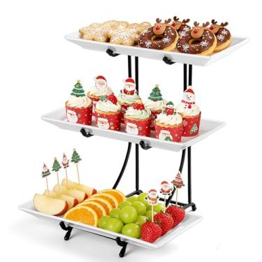 Imagem de Yedio Conjunto de bandeja de servir de 3 camadas – Travessas de porcelana de 30,5 cm com suporte de metal preto pré-montado, sem necessidade de instalação, bandeja em camadas para exibição de