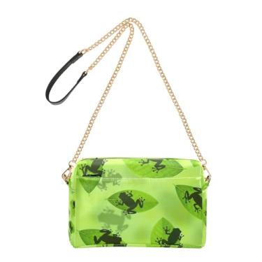 Imagem de Bolsa feminina com desenho de folha verde sapo, bolsa transversal, alça de corrente, bolsa de ombro de couro PU, bolsa para celular